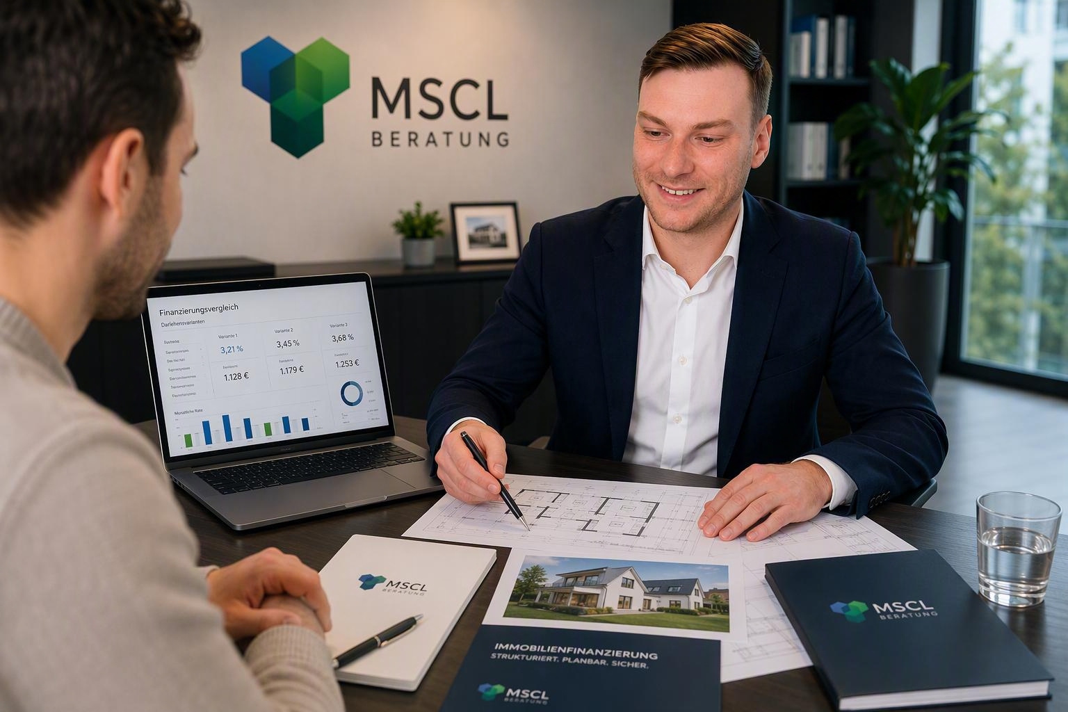 Berater bei MSCL bespricht Finanzierungsplan und Grundriss mit Kunde im Büro in Aachen