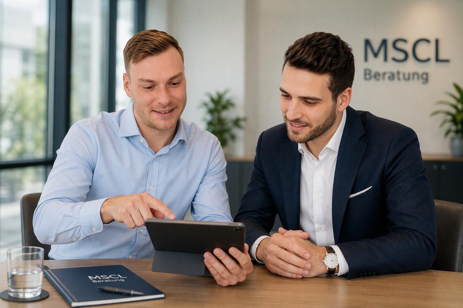 Marcel Stichling und Christian Kruppa im Beratungsgespräch im MSCL-Büro in Aachen
