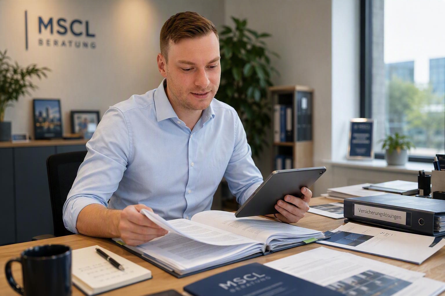 Berater bei MSCL prüft Versicherungsunterlagen am Schreibtisch im Büro in Aachen