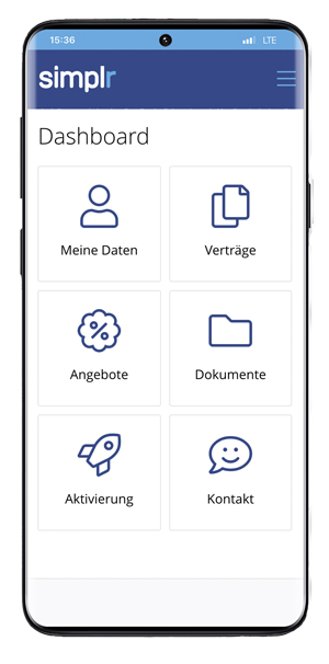 Screenshot der simplr App: Dashboard mit den Kacheln Meine Daten, Verträge, Angebote, Dokumente, Aktivierung und Kontakt